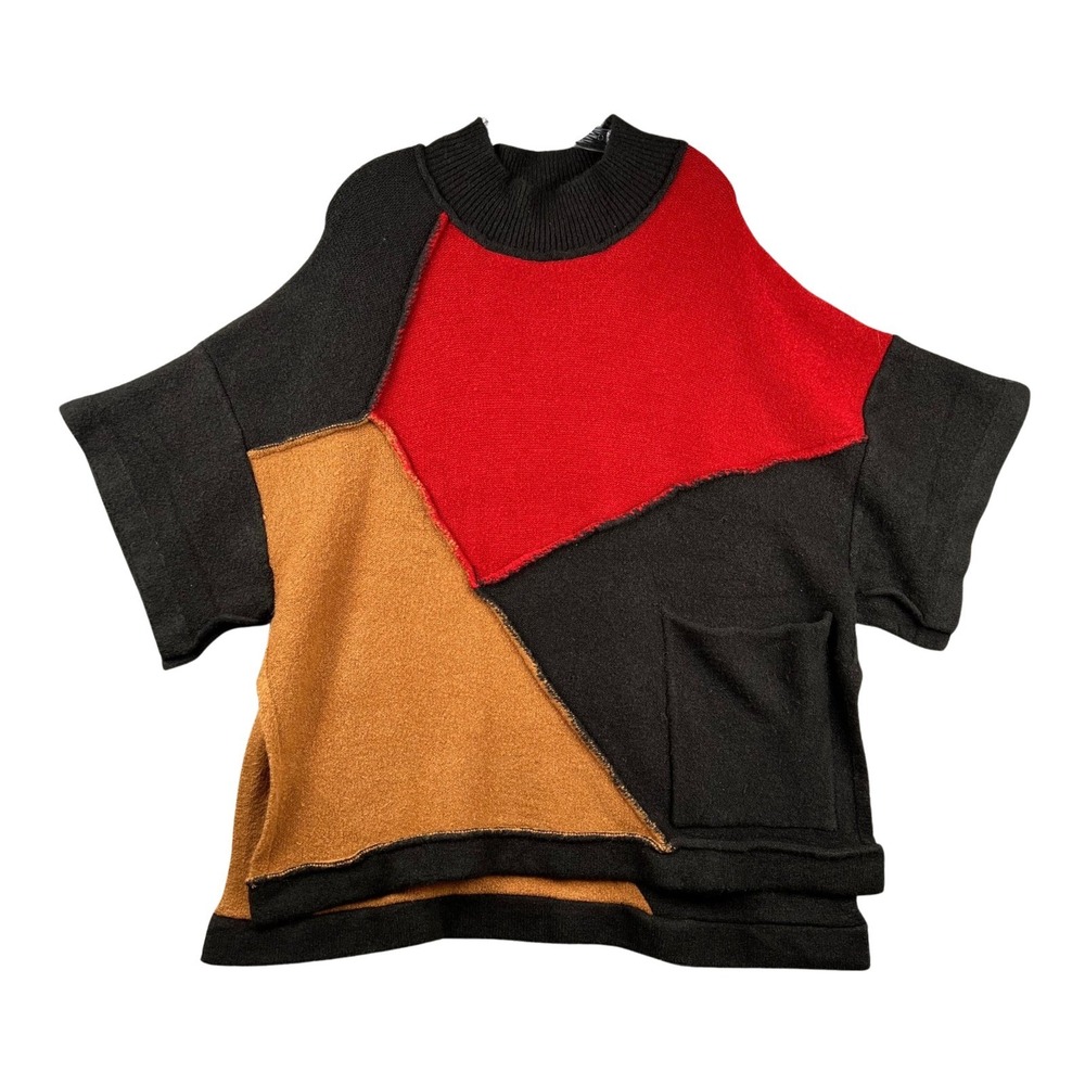Patchwork Mock Neck Short Sleeve Sweater Top Women M/L Colorblock